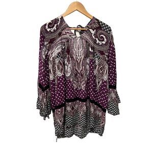 Velzera Paisley Moroccan Print Purple Bell Sleeve Blouse Size S Lightweight